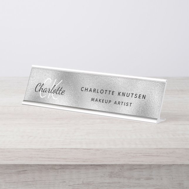 Silver Monogram modern beruflich Schreibtischnamensplakette (Vorderseite )