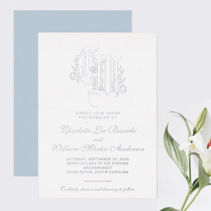 Silver Monogram Wedding Ice Blue Folieneinladung