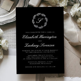 Silver Monogram Wreath Script Black Wedding Folieneinladung
