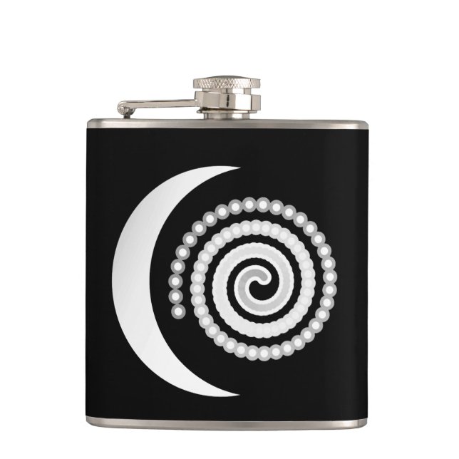Silver Moon Spiral auf schwarz Flachmann (Vorderseite)