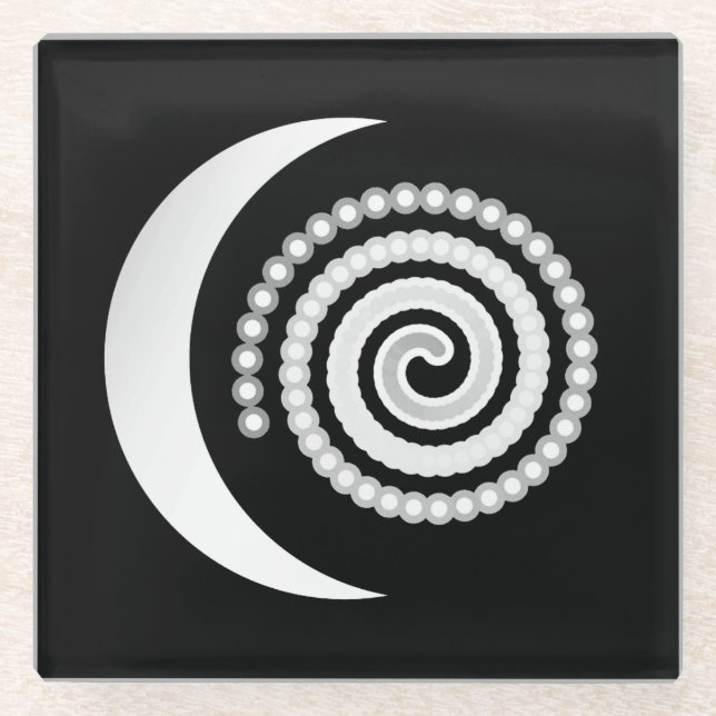 Silver Moon Spiral auf schwarz Glasuntersetzer (Vorderseite)