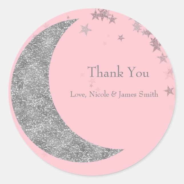 Silver Moon & Stars Baby Dusche Pink Gefallen Runder Aufkleber (Vorderseite)