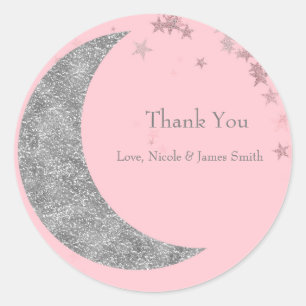 Silver Moon & Stars Baby Dusche Pink Gefallen Runder Aufkleber