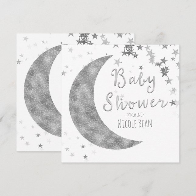 Silver Moon & Stars Baby Dusche Weiße Einladungen (Vorne/Hinten)