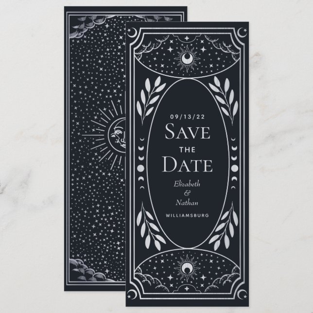 Silver Mystical Sun Moon Tarot Card Save the Date Einladung (Vorne/Hinten)
