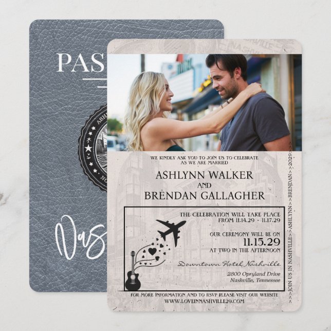Silver Nashville Passport Wedding Einladung (Vorne/Hinten)