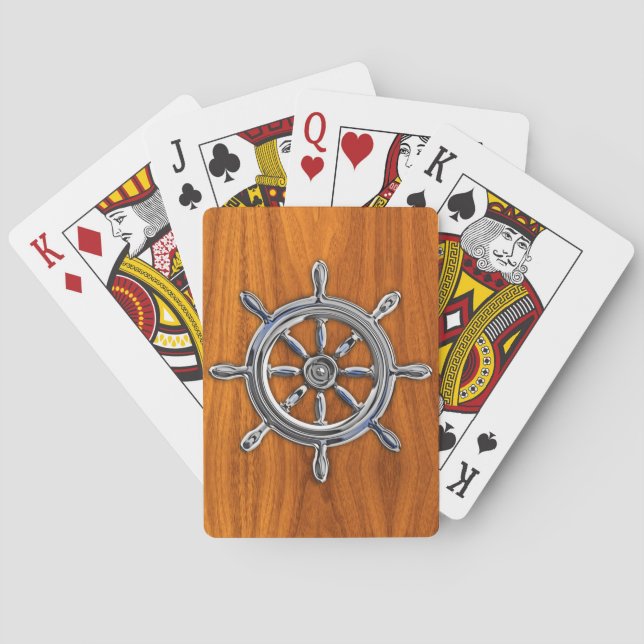 Silver Nautical Wheel auf Teak Veneer Print Spielkarten (Rückseite)