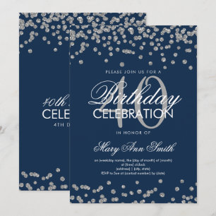 Silver Navy Blue 40. Geburtstag Glitzer Confetti Einladung