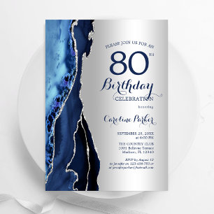 Silver Navy Blue Agate 80. Geburtstag Einladung