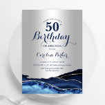 Silver Navy Blue Agate Marble 50. Geburtstag Einladung<br><div class="desc">Navy Blue und Silber Agate 50. Geburtstag Party Einladung. Elegantes modernes Design mit königsblauen Aquarellfarben,  marmorgeode Hintergrund,  Imitate Glitzer Silber und Typografie Drehbuch Schriftart. Die trendige Einladungskarte eignet sich perfekt für eine stilvolle Damenfeier. Gedruckte Zazzle Einladungen oder Sofortdownload digitalen druckbaren Vorlage.</div>