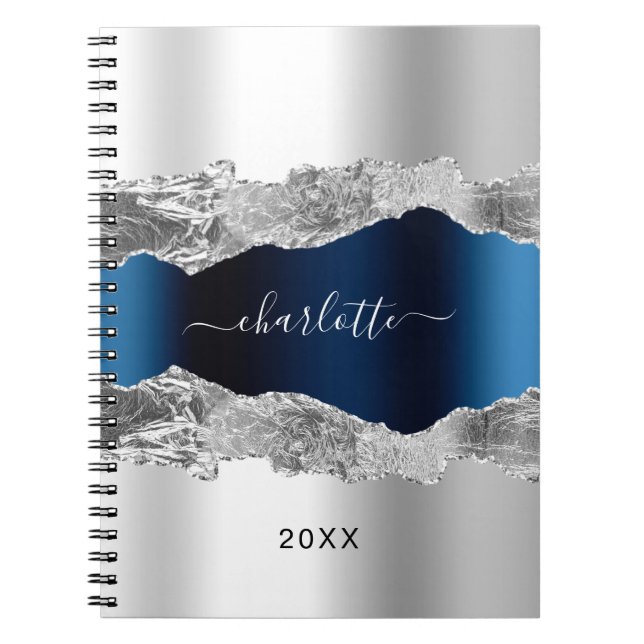 Silver navy blue agate Marmornacht Drehbuch elegan Notizblock (Vorderseite)