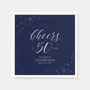 Silver & Navy Blue Cheers 50. Geburtstagsparty Serviette