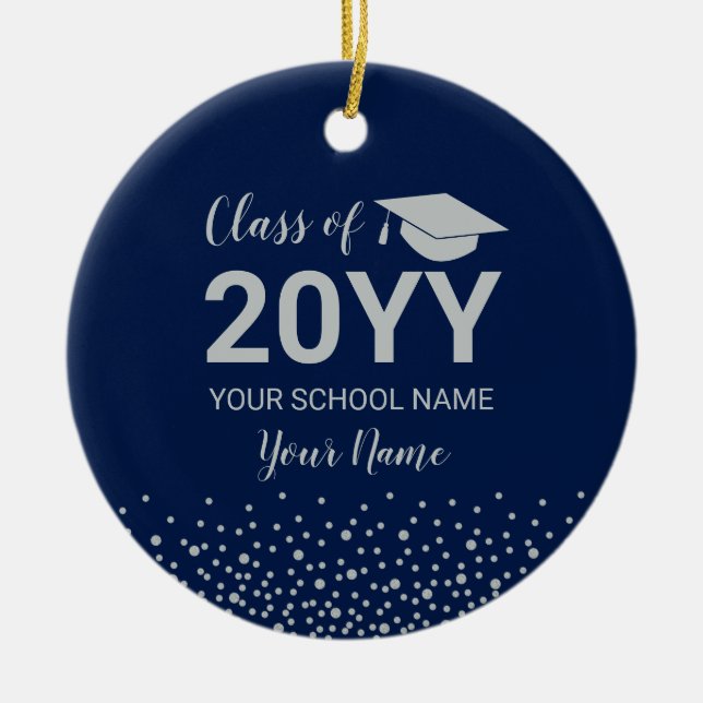 Silver & Navy Blue Foto Abschluss Weihnachtsgesche Keramik Ornament (Vorne)