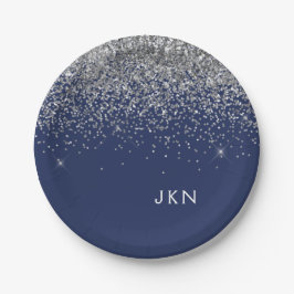 Silver Navy Blue Girl Glitzer Sparkle Monogram Pappteller