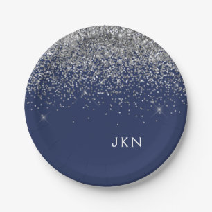 Silver Navy Blue Girl Glitzer Sparkle Monogram Pappteller