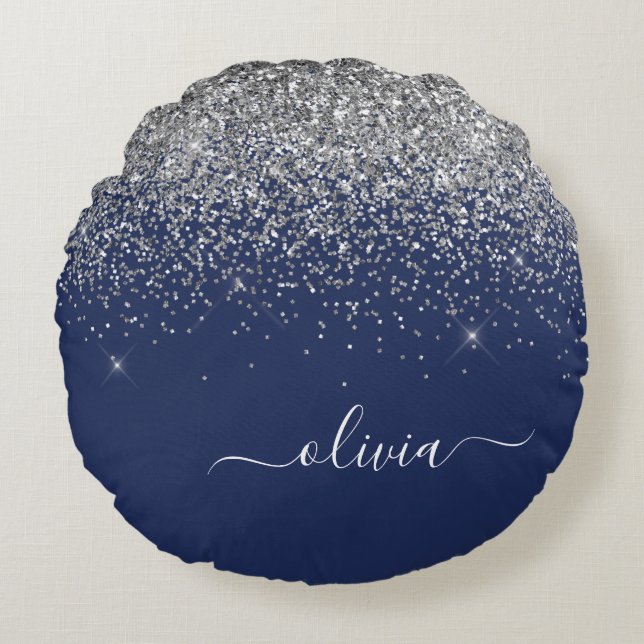 Silver Navy Blue Girl Glitzer Sparkle Monogram Rundes Kissen (Vorderseite)