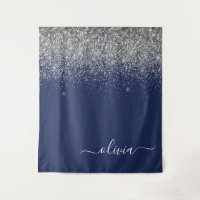 Silver Navy Blue Girl Glitzer Sparkle Monogram
