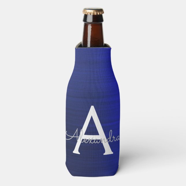 Silver Navy Blue Glitzer Brushed Metal Monogram Flaschenkühler (Flaschenvorderseite)