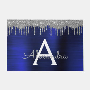 Silver Navy Blue Glitzer Brushed Metal Monogram Fußmatte