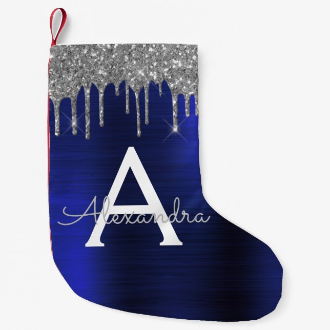 Silver Navy Blue Glitzer Brushed Metal Monogram Kleiner Weihnachtsstrumpf (Vorderseite)