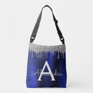 Silver Navy Blue Glitzer Brushed Metal Monogram Tragetaschen Mit Langen Trägern