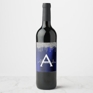 Silver Navy Blue Glitzer Brushed Metal Monogram Weinetikett