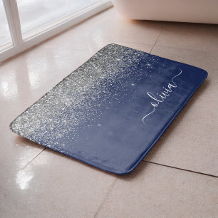 Silver Navy Blue Glitzer Giron Monogram Name Badematte