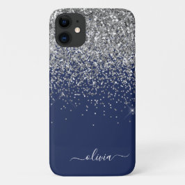 Silver Navy Blue Glitzer Giron Monogram Name Case-Mate iPhone Hülle