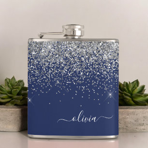 Silver Navy Blue Glitzer Giron Monogram Name Flachmann