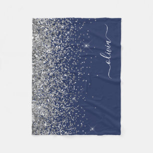Silver Navy Blue Glitzer Giron Monogram Name Fleecedecke