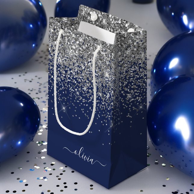 Silver Navy Blue Glitzer Giron Monogram Name Kleine Geschenktüte (Von Creator hochgeladen)