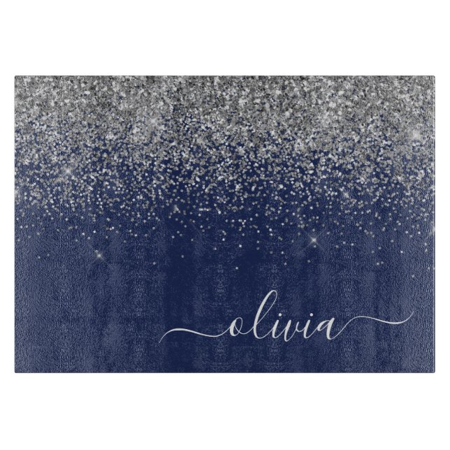 Silver Navy Blue Glitzer Giron Monogram Name Schneidebrett (Vorderseite)