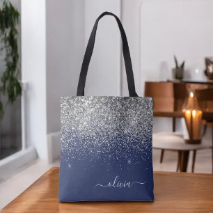 Silver Navy Blue Glitzer Giron Monogram Name Tasche