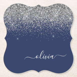 Silver Navy Blue Glitzer Giron Monogram Name Untersetzer
