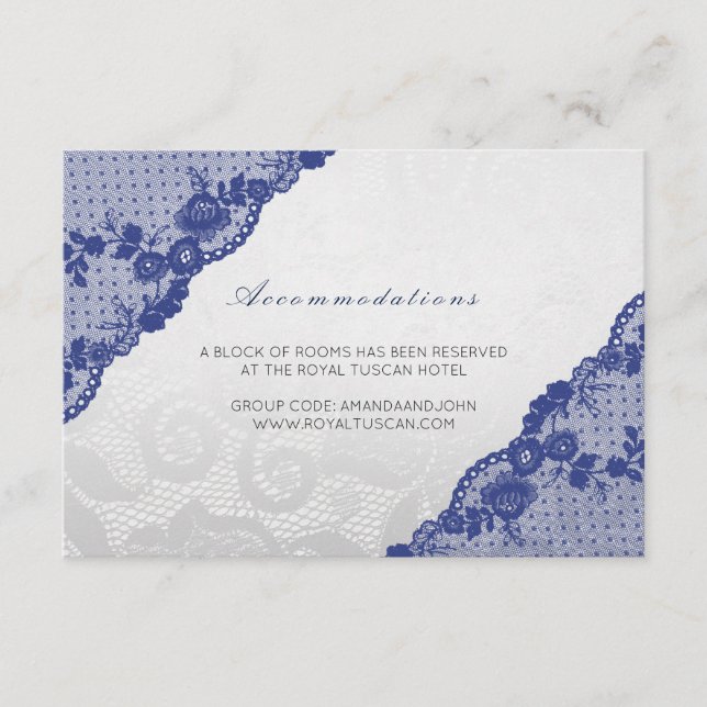 Silver Navy Blue Lace Wedding Hotel Unterkunft Begleitkarte (Vorderseite)