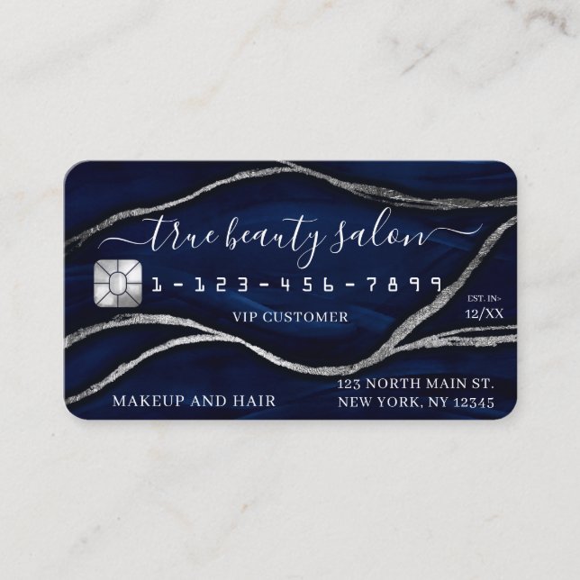 Silver Navy Blue Marmor Signature Kreditkarte Visitenkarte (Vorderseite)