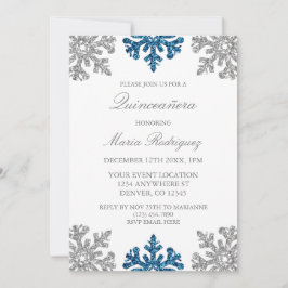 Silver Navy Blue Snowflake Winter Quinceanera Einladung