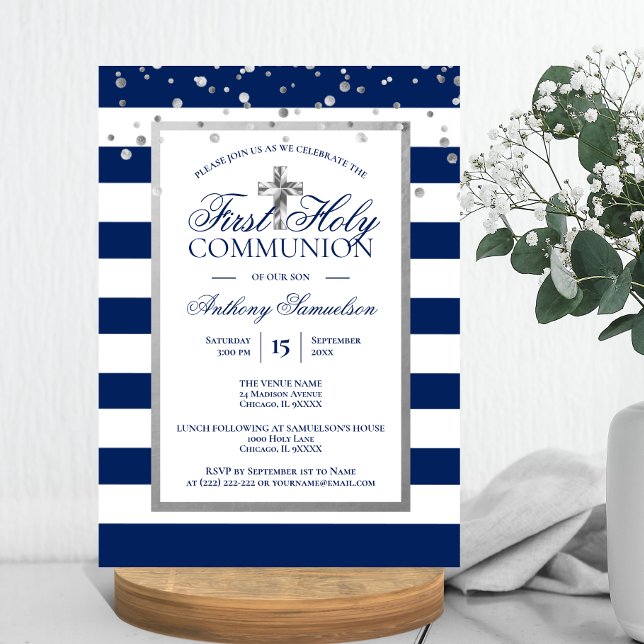 Silver Navy Blue Stripes First Heiliger Kommunion  Einladung (Silver Navy Blue Stripes First Holy Communion Boy Invitation)