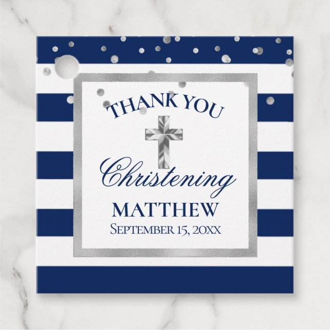 Silver Navy Blue Stripes Weihnachtsfeier Junge Geschenkanhänger (Vorderseite)