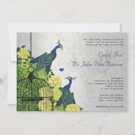 Silver Navy Blue Yellow Vintag Peacock Birdcage Einladung