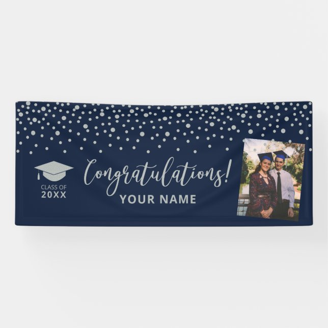 Silver & Navy Confetti Gratulation Abschluss Banner (Horizontal)