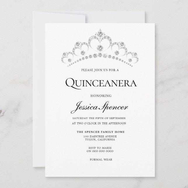 Silver & Navy Diamond Tiara Quinceanera Einladung (Vorderseite)