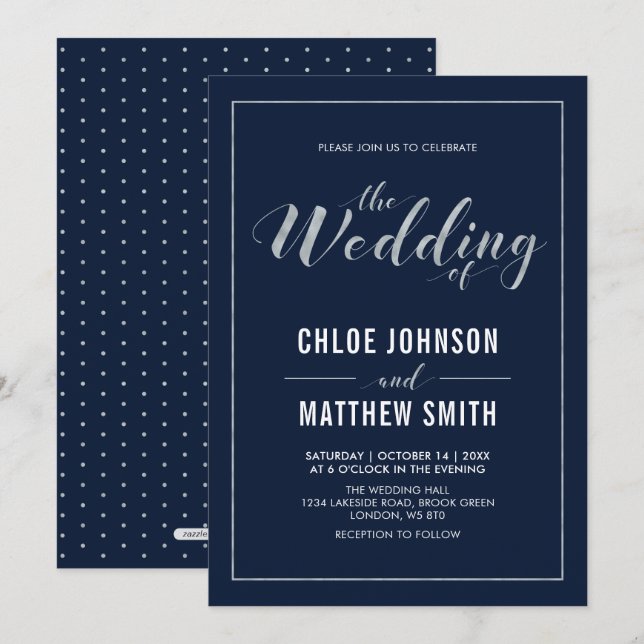Silver & Navy | Einfache Hochzeit moderner Typogra Einladung (Vorne/Hinten)