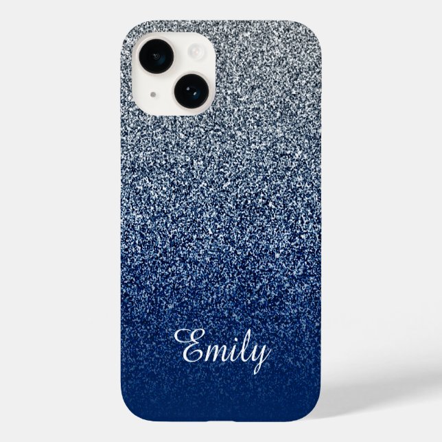 Silver Navy Glitzer Ombre Personalisiert Case-Mate iPhone 14 Hülle (Rückseite)