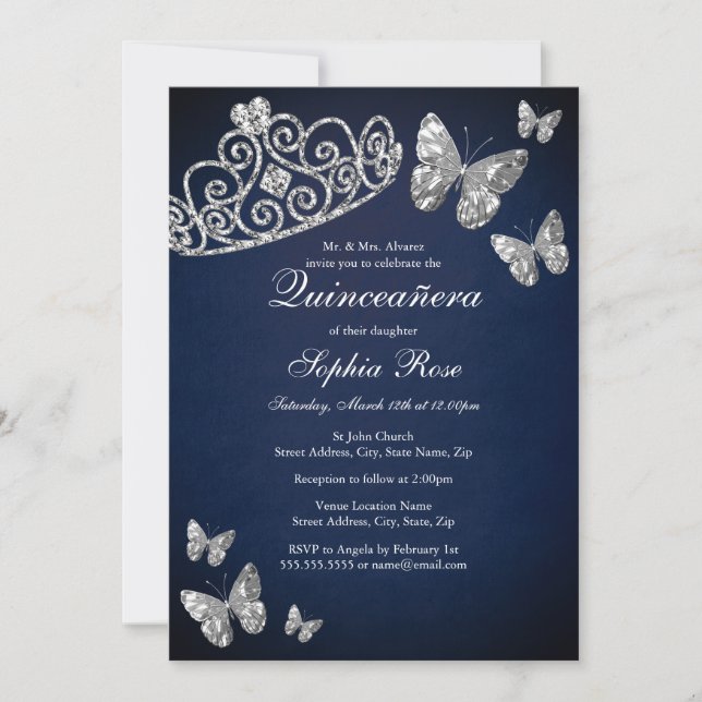 Silver Navy Jewel Tiara Butterfly Quinceanera Einladung (Vorderseite)