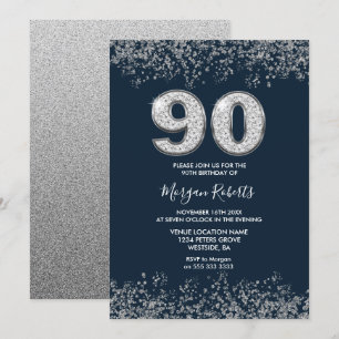 Silver & Navy Mens Frauen 90. Geburtstagsparty Einladung