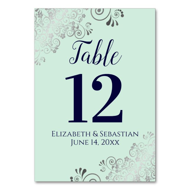 Silver, Navy & Mint Green Elegant Frilly Wedding Tischnummer (Vorderseite)
