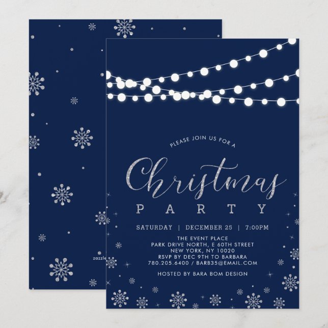 Silver & Navy | Moderne Schneeflocken Weihnachten  Einladung (Vorne/Hinten)