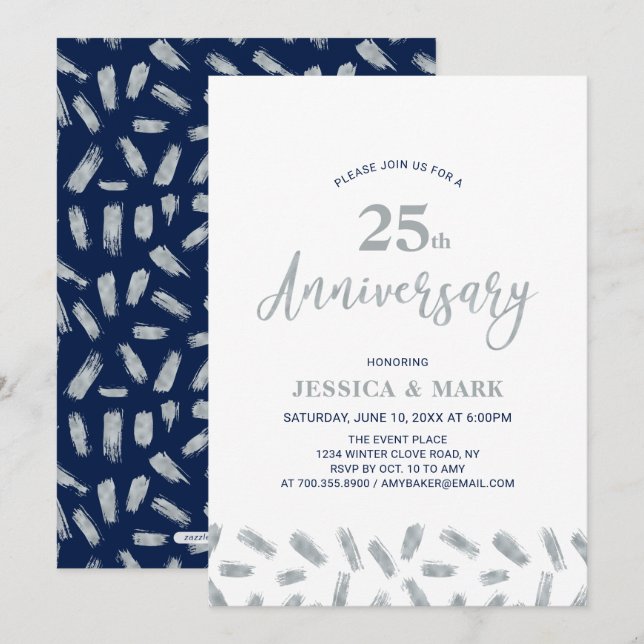 Silver & Navy | Modernes 25. Hochzeitstag Einladung (Vorne/Hinten)
