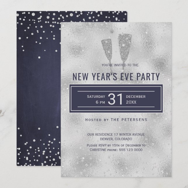 Silver Navy Party Klassik Elegant Silver Navy Einladung (Vorne/Hinten)